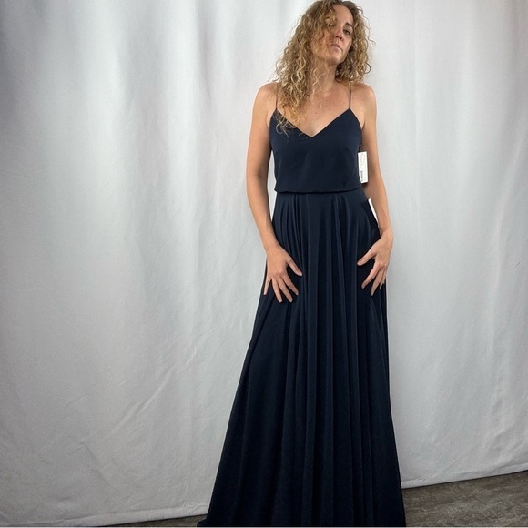 NWT Jenny Yoo Inesse Chiffon V Neck Maxi Dress in Navy Blue Size 2 - Picture 5 of 12